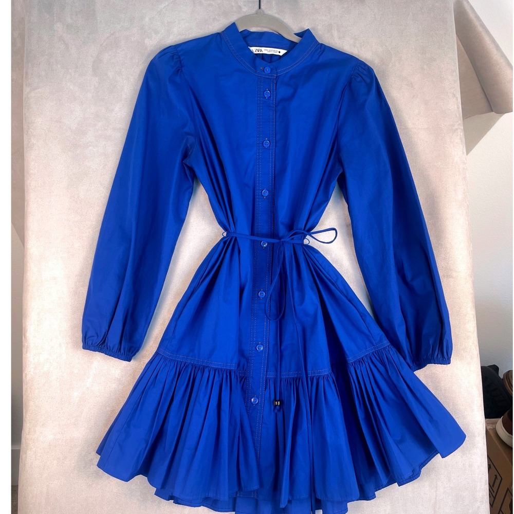Zara Blue Long Sleeve Tiered Ruffle Mini Shirt Dress Tie Waist Medium Modern